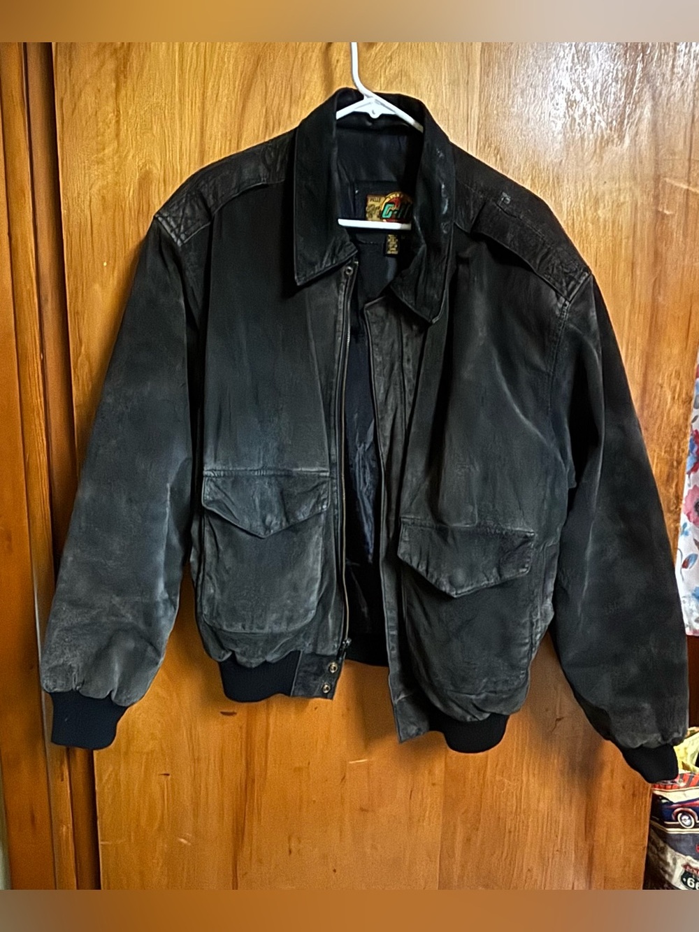 Vintage Global Identity Black Leather Bomber Jacket